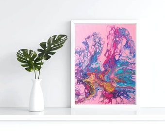 Glamurosa pintura acrílica abstracta rosa, arte fluido contemporáneo sobre lienzo. Obra de arte original.