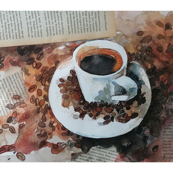 Coffee Painting Cup of Coffee Original watercolor painting Coffee beans Collage Artwork Mixed media Book and coffee