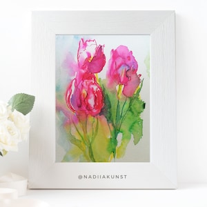 Tulipani Dipinto Originale Acquerello Dipinto Astratto Rosa Floreale Estate Floreale Piccola Opera d'Arte