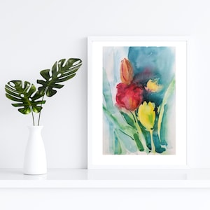 Original Watercolor Floral Tulips Painting Abstract Flowers Spring Floral Contemporary Art Wall Art
