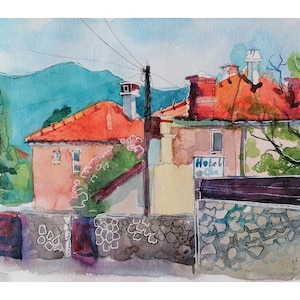 Original Croatian Summer Watercolor Vibrant Red-Roofed Coastal Town Scene Handmade Travel Art