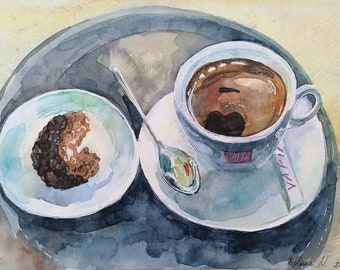 Cup of Coffee with Cookies Original Watercolor Painting Coffee Painting Coffee Artwork