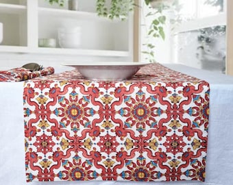 Mediterranean Italian Tile Print Table Runner: red Cotton Linen Decor for Kitchen, Dining, Wedding