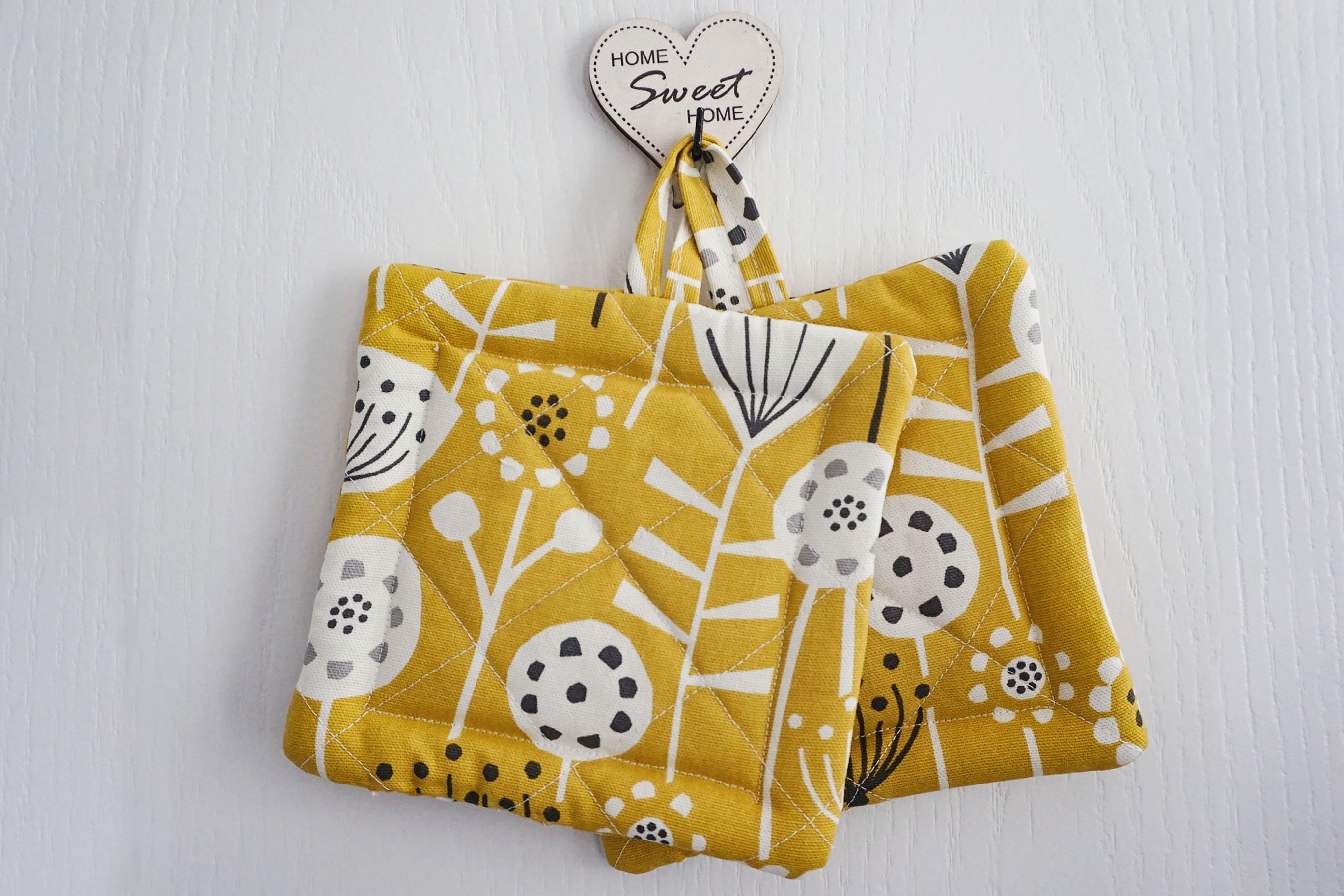 2 Mustard Pot Holders / Modern Print Dandelion Pot Holders Etsy