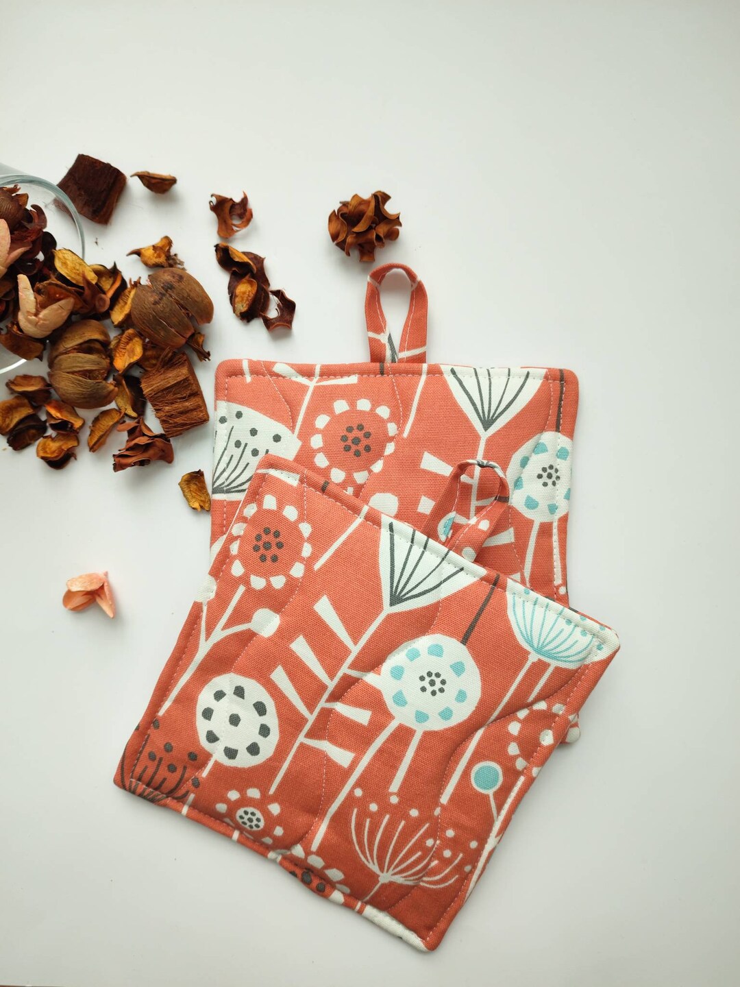 2 Burnt Orange Pot Holders / Modern Print Dandelion Pot Etsy