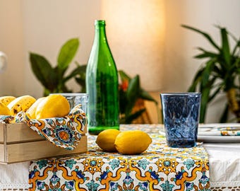Table Runner Mediterranean Italian Tile Print : Colorful Cotton Linen Decor for Kitchen, Dining, Wedding