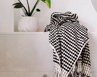 Large Turkish terry bath sheet Handloomed pompom Turkish shower towel Denizli dot towel black and off-white