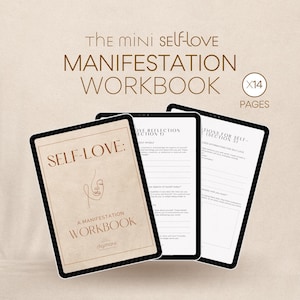 Puede incluir: Una tableta digital que muestra un cuaderno de trabajo de manifestación de amor propio con 14 páginas. El cuaderno de trabajo presenta un diseño minimalista con un dibujo de línea de una cara y el texto "SELF-LOVE: A MANIFESTATION WORKBOOK".