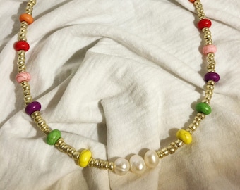 gold metallic glass beads + rainbow howlite rondelle beads + freshwater pearls beaded necklace 16" with 14k gold filled lobster clasp