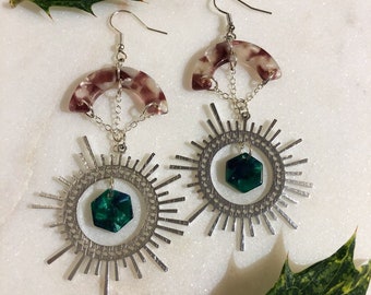 aluminum silver sun with red and white acetate connectors, green charms, and sterling silver chain earrings, sterling silver wire hooks