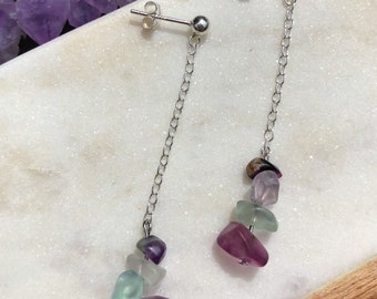brincos pendurados com corrente de cristal fluorita e prata esterlina