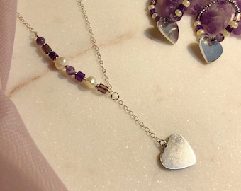 sterling silver 16" chain necklace with purple beads and 2" sterling silver chain dangle with silver heart charm