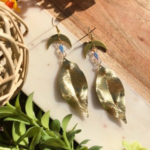 brass leaf with brass half moon and iridescent crystal dangle earrings, 14k gold filled wire hooks image 1