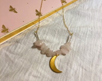 14k gold filled chain 15.5&quot; necklace featuring rose quartz chips and brass moon pendant, 14k gold filled clasp