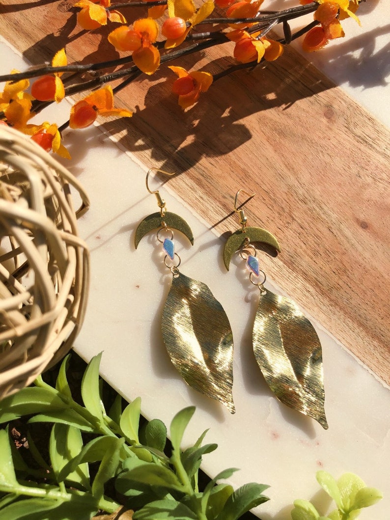 brass leaf with brass half moon and iridescent crystal dangle earrings, 14k gold filled wire hooks image 1