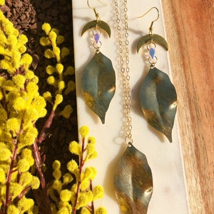 brass leaf with brass half moon and iridescent crystal dangle earrings, 14k gold filled wire hooks image 2