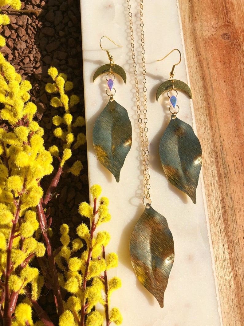 brass leaf with brass half moon and iridescent crystal dangle earrings, 14k gold filled wire hooks image 2