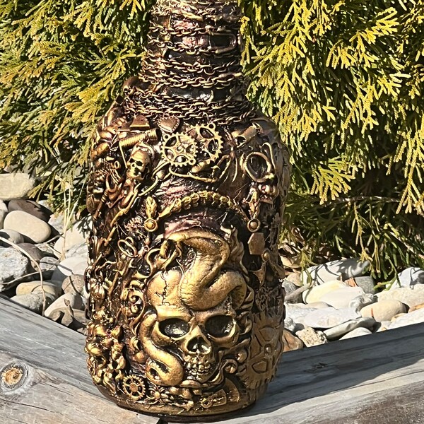 Steampunk, Art Bottle , Hand Decorated Glass Bottle, Man Cave, Unique Gift, gothic gift idea