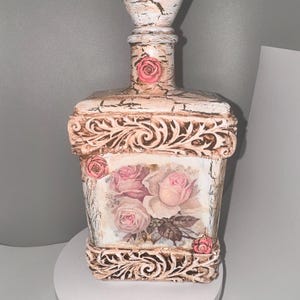 Pretty pink rose bottle, decoupage rose bottle, home decor