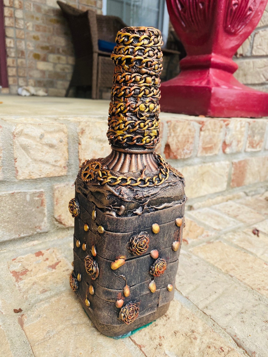 Liquor Bottle Art, Steam Punk Decor, Steam Punk Bottle Art, Copper and