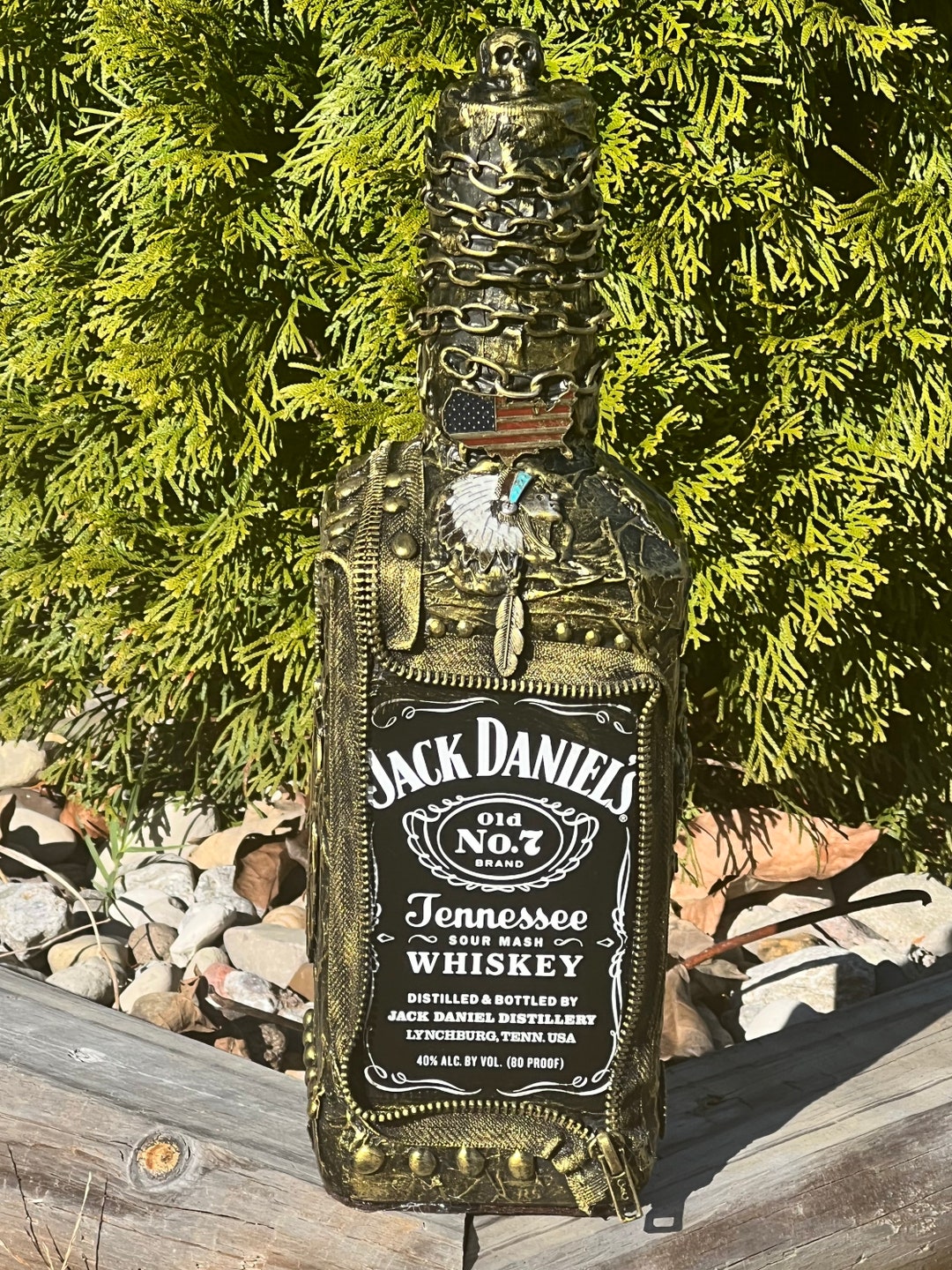 Jack Daniels Bottle Art, Steam Punk Decor, Steam Punk Bottle Art, Liquor Bottle Art, Leather