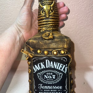 Jack Daniels Bottle Art, Steam Punk Decor, Steam Punk Bottle Art, Liquor Bottle Art