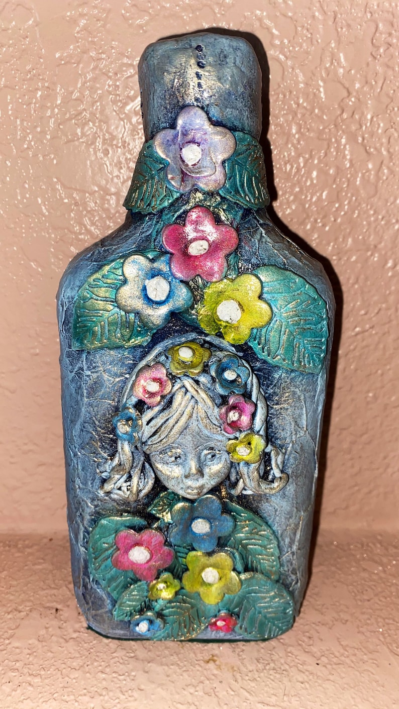 Liquor Bottle Art, Flower Art, Bottle Art, Blue Bottle Art,small Bottle