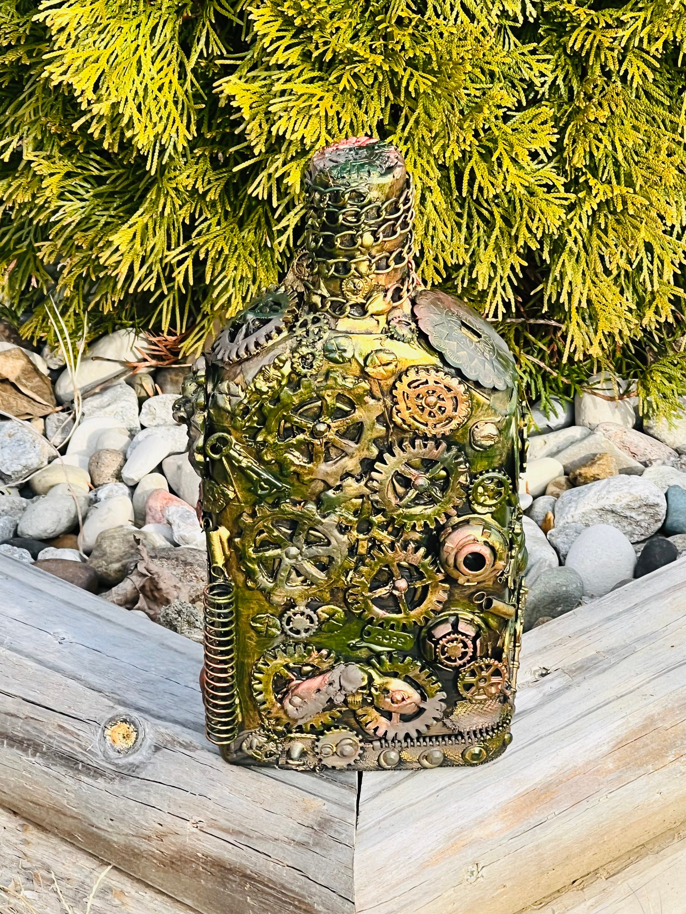 Liquor Bottle Art, Steam Punk Decor, Steam Punk Bottle Art, Gold, Bronze,  Copper and Green Bottle Art, Steampunk Decor - Etsy