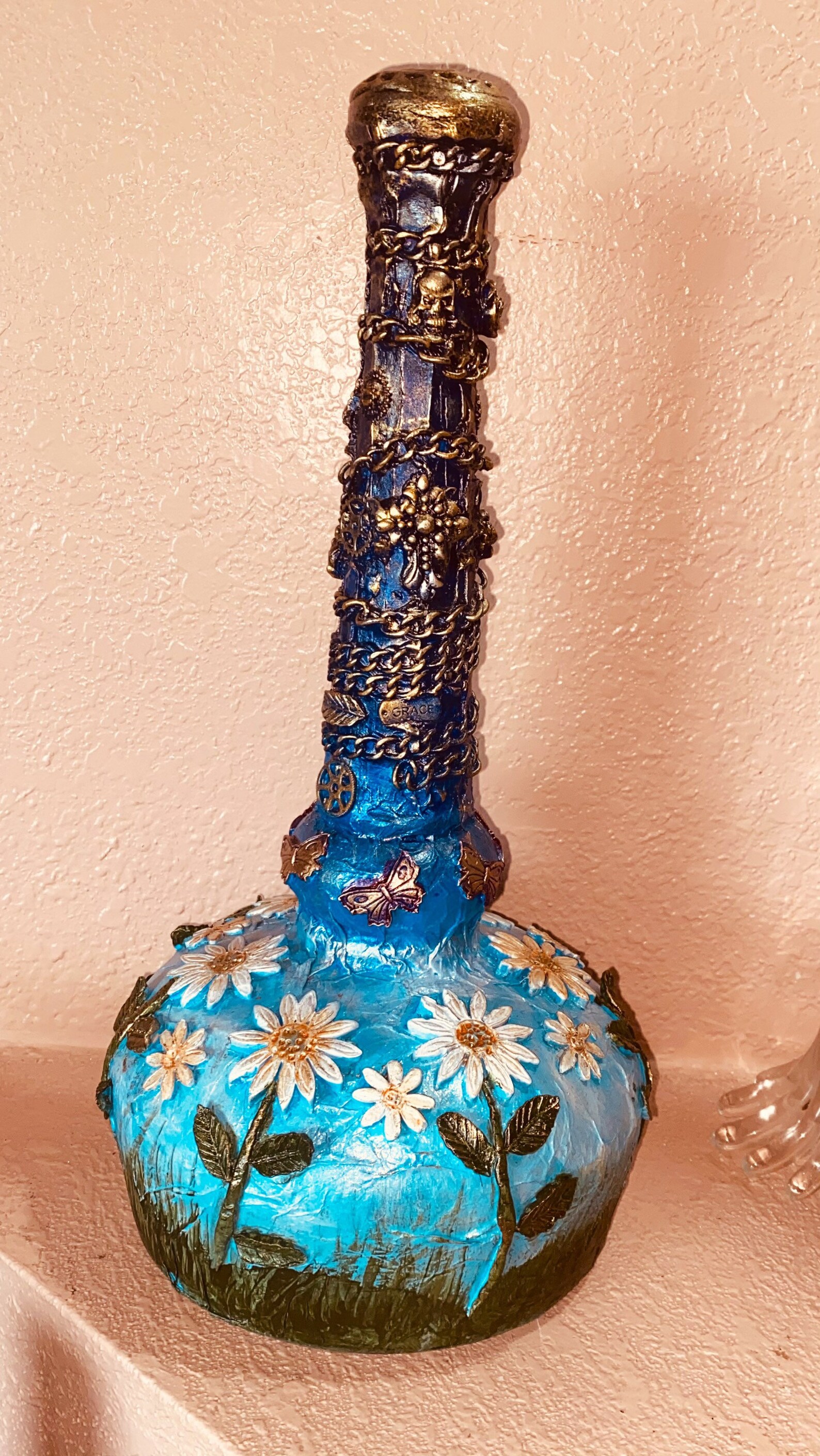 Liquor Bottle Art Flower Art Steam Punk Bottle Art Blue Etsy