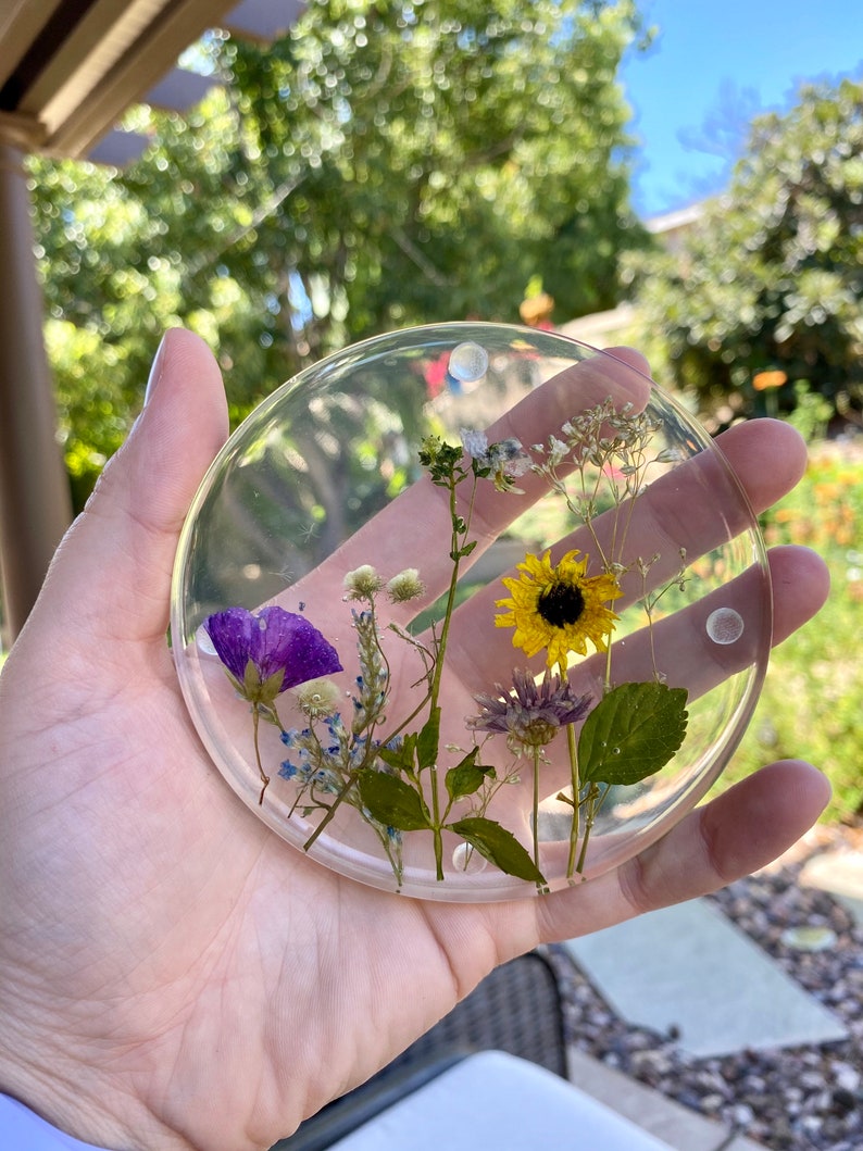 4 Coasters handmade clear Real Flowers epoxy resin Etsy
