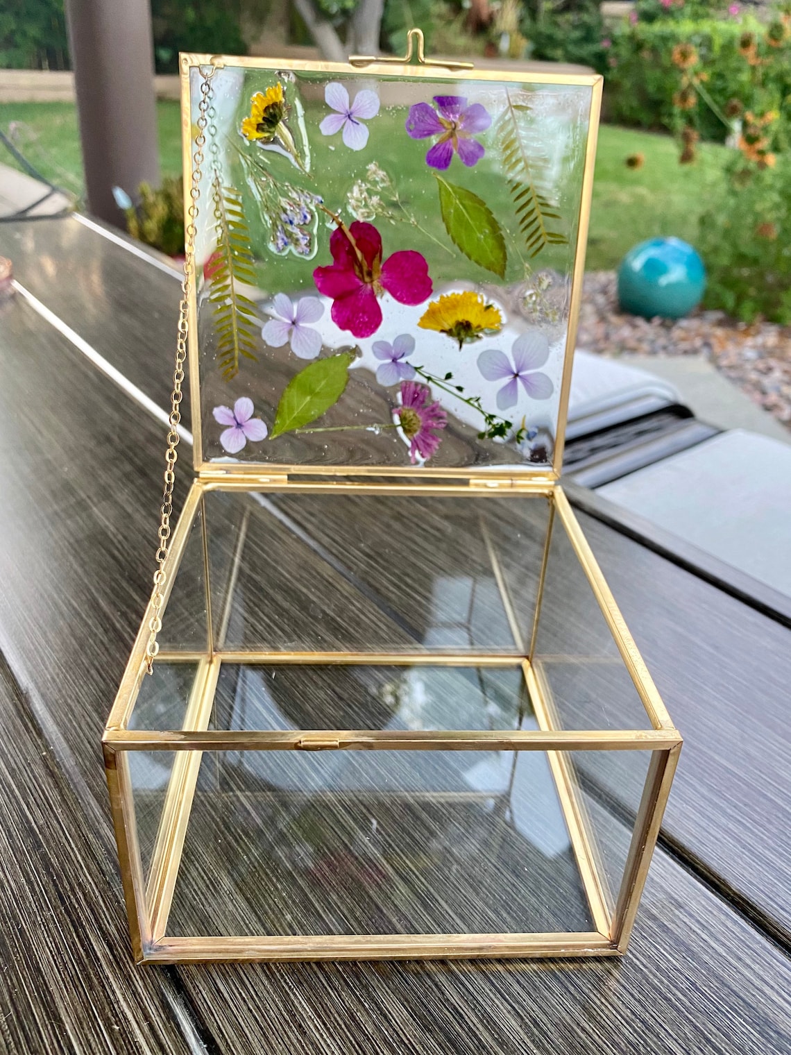 Large glass jewelry box real flowers epoxy resin gold trim | Etsy