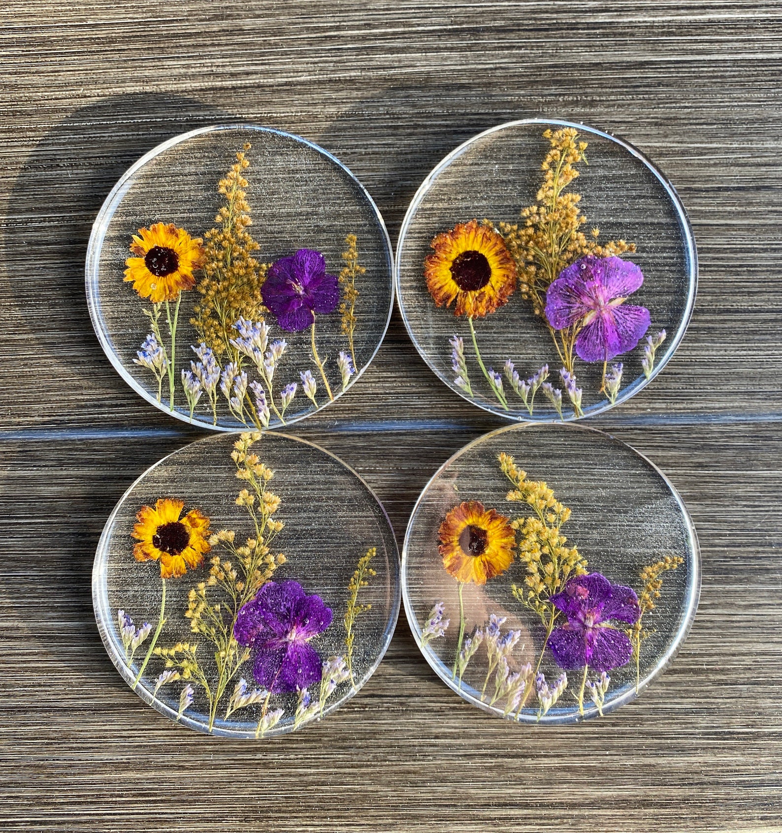 4 Coasters handmade clear Real Flowers epoxy resin Etsy