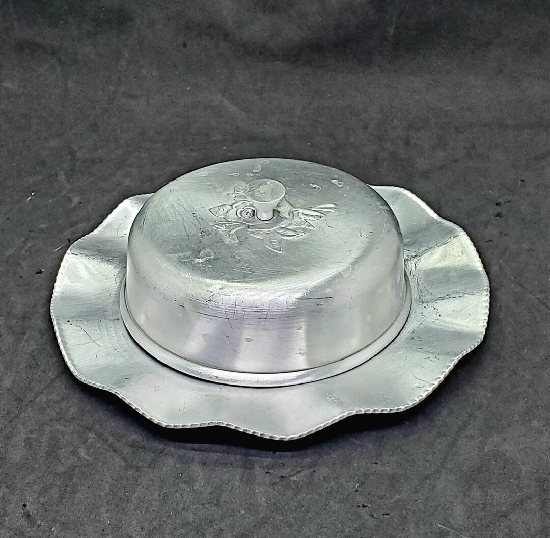 Vintage Aluminum Butter Dish Round With Dome Lid Floral Rose Etsy