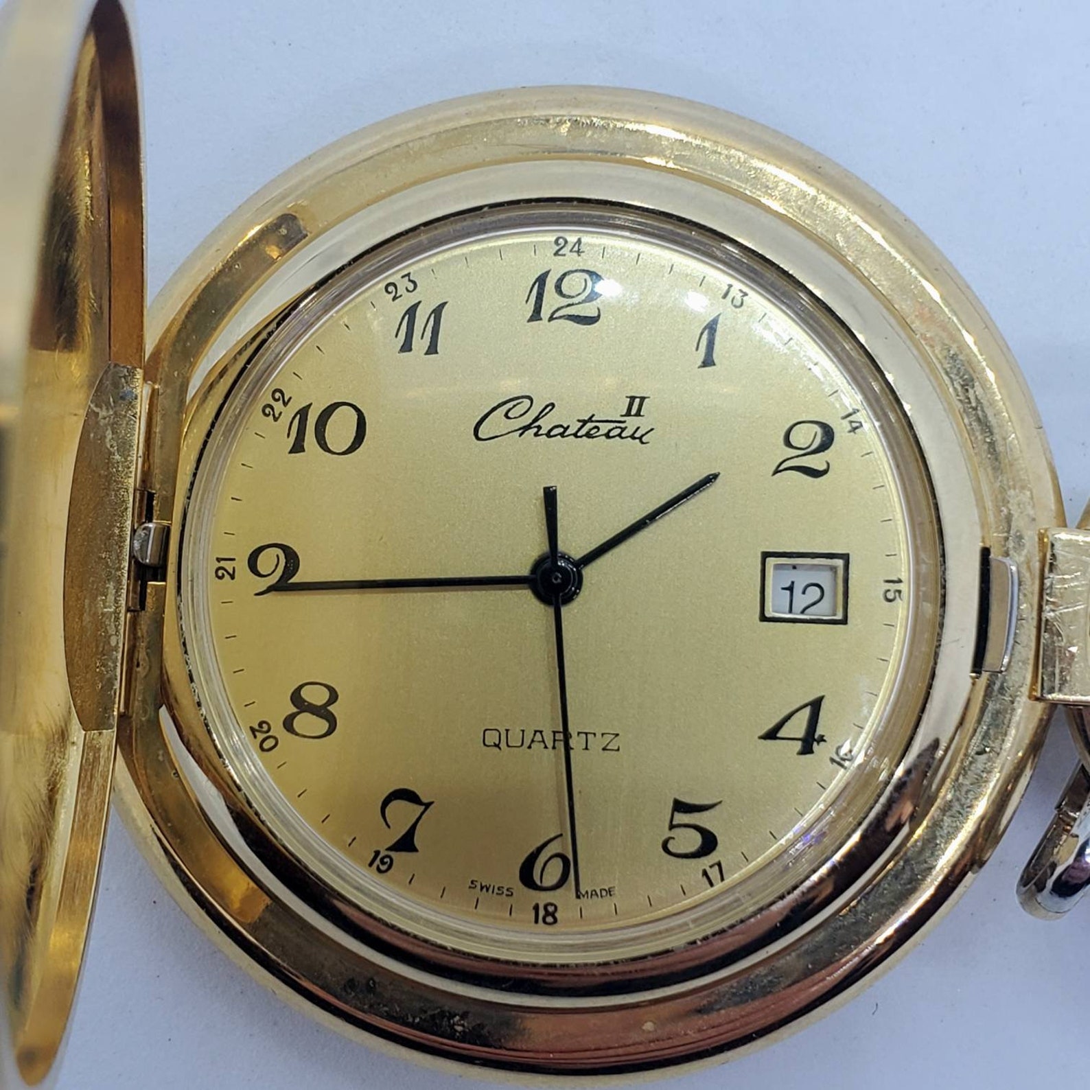 Vintage Chateau Pocket Watch Gold Tone With Chain Etsy