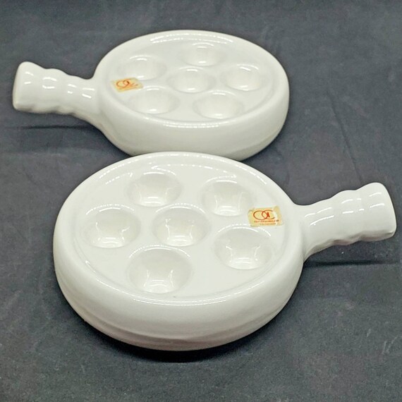 Vintage Escargot Dishes Pair White Round With Handles Ceramic Etsy