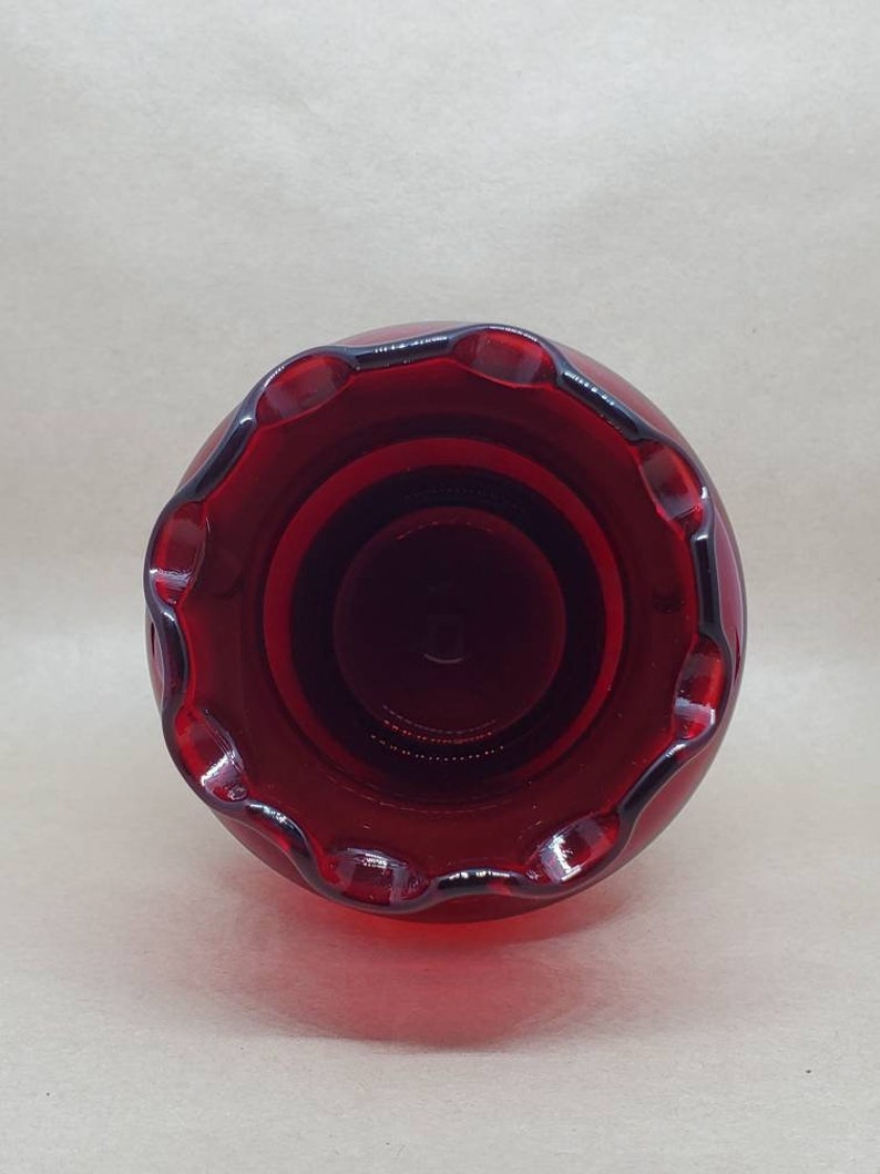 Vintage Anchor Hocking Royal Ruby Red 4 Glass Ivy Vase Round Ruffled Rim MCM