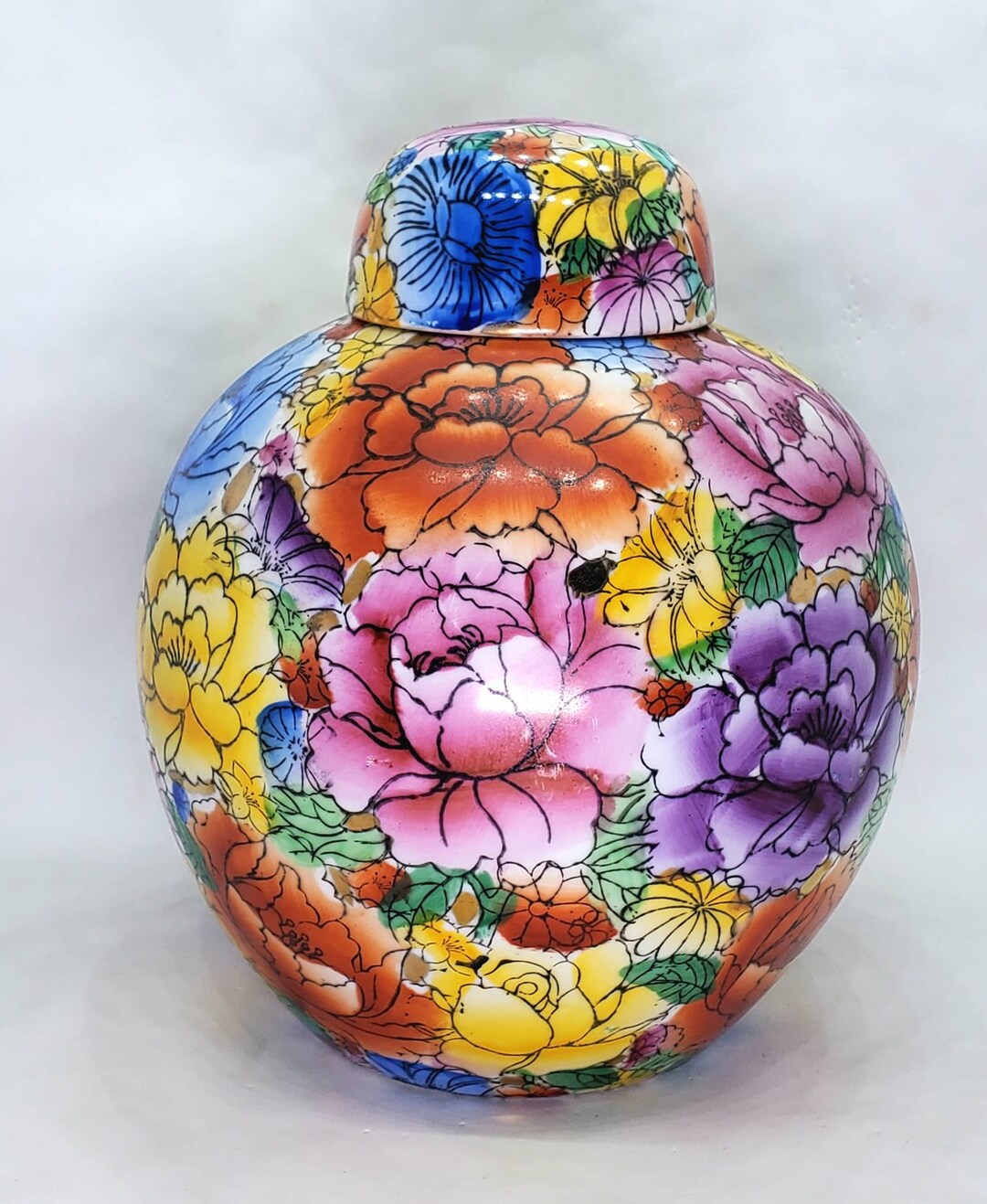 Vintage Ginger Jar With Lid 9 Floral Colorful Decor Hand Etsy