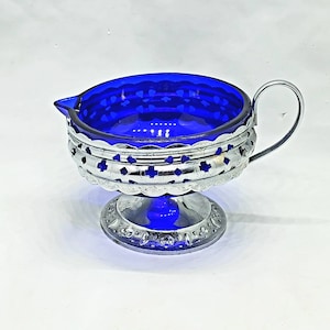 Inserto de metal de crema de vidrio azul cobalto vintage hecho en Inglaterra