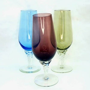 Vintage Champagne Flutes Set Of 3 Blue Yellow Maroon Rainbow Swirled Clear Stems