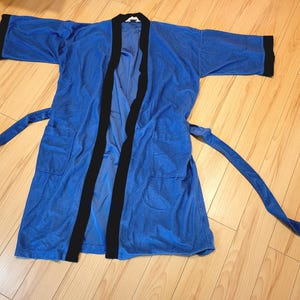 Vintage Bath Robe Housecoat Light Blue Navy Trim 3/4 Sleeve Made In Canada SEE