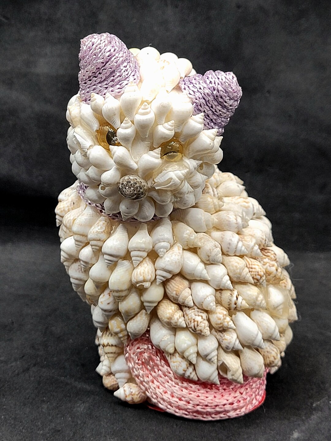 Vintage Shell Art Cat Figurine Handmade Coastal Beach Decor 4" Handmade ...