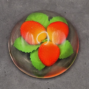 Vintage Domed Clear Acrylic Lucite & Strawberries Leaves Fruit Paperweight 3.25&quot;