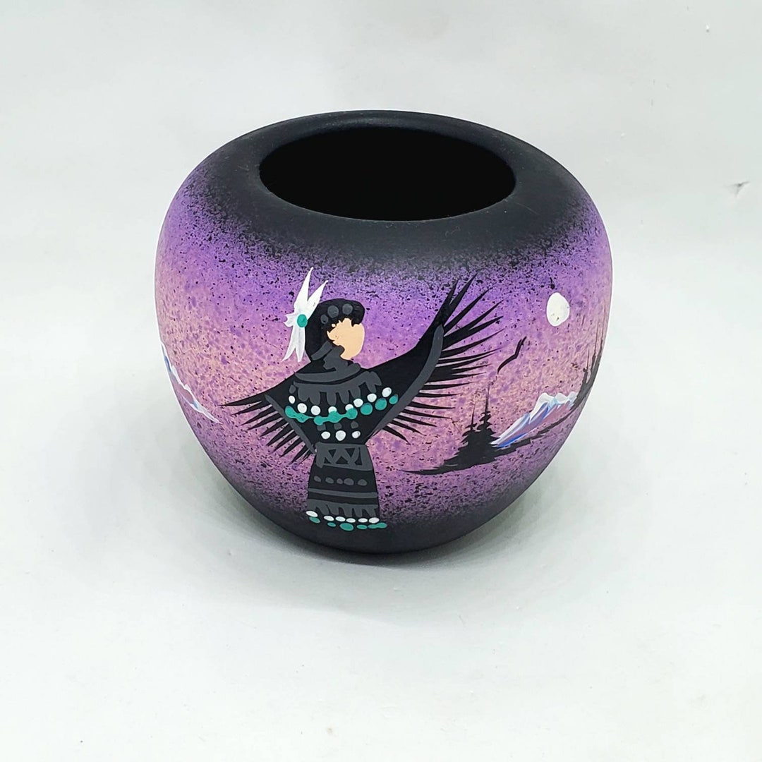 Vintage Navajo Native American Pottery Purple Speckled With Hand Painted Signed Etsy