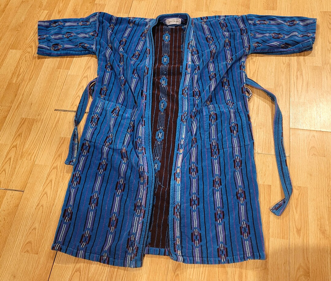 Vintage Heavy Terry Cloth Robe Bathrobe Charter Collection Blue Aztec