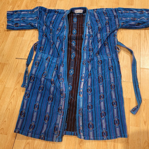 Vintage Heavy Terry Cloth Robe Bathrobe Charter Collection Blue Aztec One Size