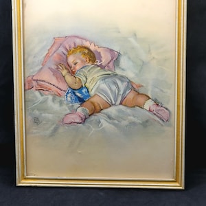 Maud Tousey Fangel Litho Print Framed  &#39;&#39;All  Tuckered Out&quot; 10.5 x 9&quot; USA