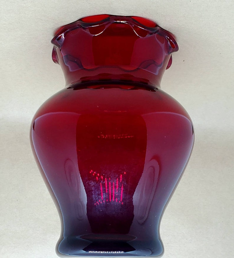 Vintage Anchor Hocking Royal Ruby Red 4 Glass Ivy Vase Round Ruffled Rim MCM