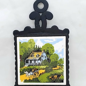 Vintage Trivet Ceramic Tile Currier Ives American Homestead Spring Cast Iron