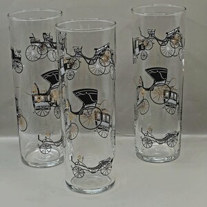 Set of 3 Vintage Libbey Horseless Carriage Highball Glasses – Gold & Black MCM