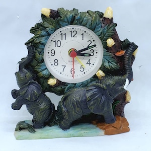 Vintage Elephant Clock Hand Painted Resin Tested Working 4" Quartz Alarm